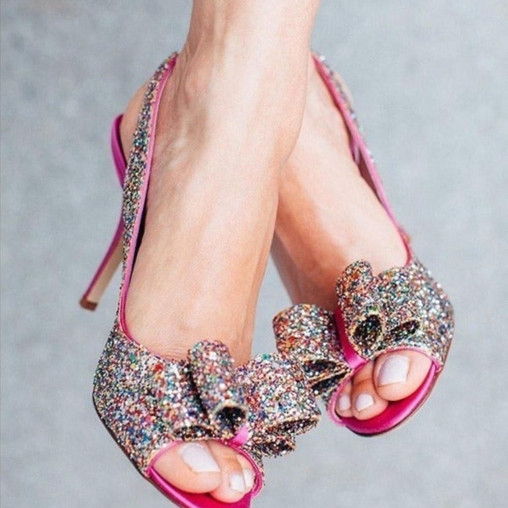 Kate Spade Charm Glitter/Sparkle Hot Pink Slingback Heels Box & Dust Bag US6